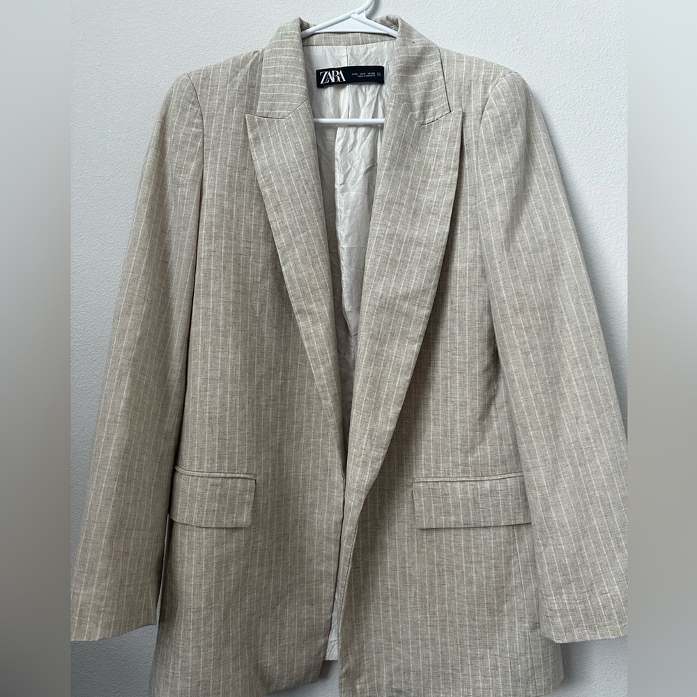 Zara Linen Cotton Blend Striped Blazer Beige Size S